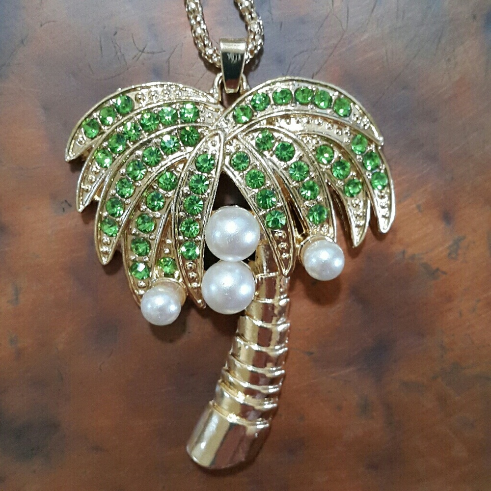 Rhinestone Peridot Palmtree Tropical Beach Palm Necklace Hawaii Island Nautical